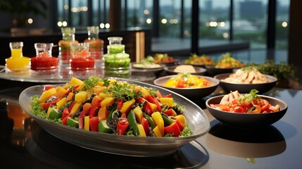 Fototapeta na wymiar Colorful indoor buffet. group catering with meat, fruits, and vegetables in a restaurant