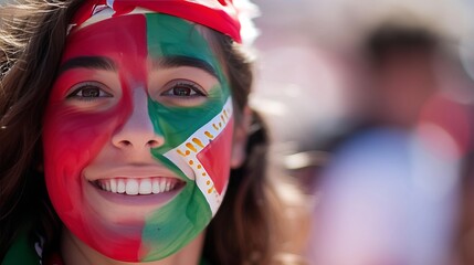 Portugal fan with painted face, cheering at football match, stadium background, text space available