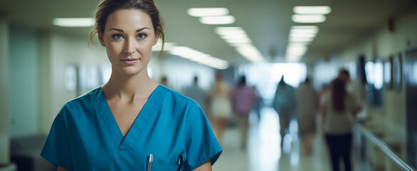 Confident female nurse standing in hospital corridor