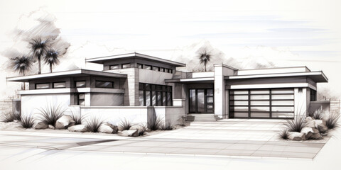 3d render of modern cozy house. Architectural sketch illustration drawing. Black and white - obrazy, fototapety, plakaty