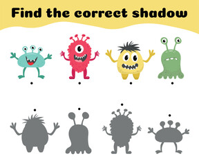 Fototapeta premium Find correct shadow of monsters. Educational game for children. Shadow matching game. Mindfulness activity for kids: aliens and silhouettes.Vector illustration.