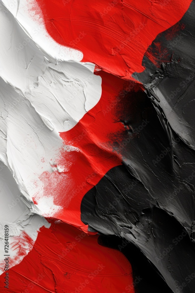 Poster a close-up view of a painting featuring the colors red, white, and black. this image can be used for