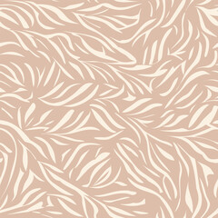 Organic pattern. Seamless texture of plants drawn lines. Stylish leaves light grey background. Modern wallpaper or textile print - 726418134