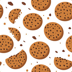 Seamless pattern of tasty cookies with chocolate chips. Design elements for print, wrapping paper, fabric or textile. Flat vector illustration. - 726418157
