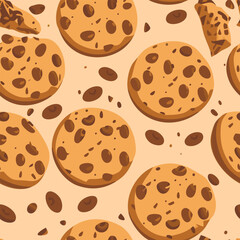 Seamless pattern with chocolate chip cookie. Background with freshly baked choco cookie. Food pattern. - 726418158