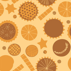 Baking seamless pattern. Buns and cookies for packaging and menu. Bagels and pretzels are homemade. Image of freshly made cookies and buns endless wallpaper. - 726418182