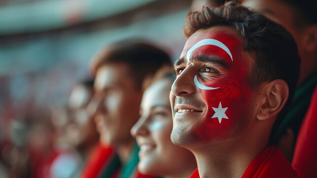 Excited turkey flag face painted man at football stadium, blurry background with copy space