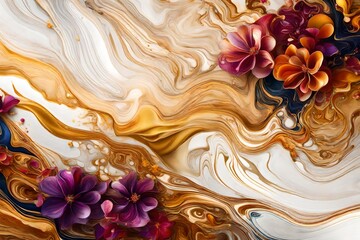 Exploring the Intricate Symphony of Textures and Colors in an Abstract Marble Marbled Stone, Enriched with a Kaleidoscope of Liquid Fluid Paints in Varied Hues. Accentuated by the Graceful Presence of