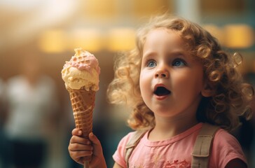 A young girl's joyful expression shines as she holds a delicious ice cream cone, savoring every sweet bite in her cozy indoor setting