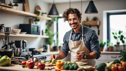 A food content creator in a kitchen smiles, wearing shirt and apron, preparing a meal with fresh...