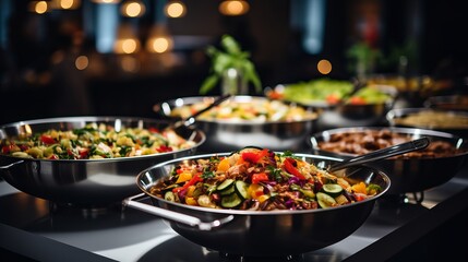 Indoor catering. people group enjoying colorful buffet with meat, fruits, and vegetables