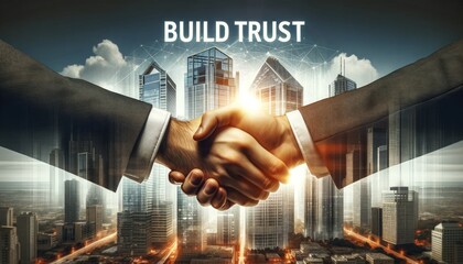Dawn breaks over a cityscape as two professionals seal a deal with a handshake, embodying trust and collaboration.