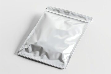 A silver foil bag placed on a clean white surface. Can be used for packaging, gift wrapping, or product display