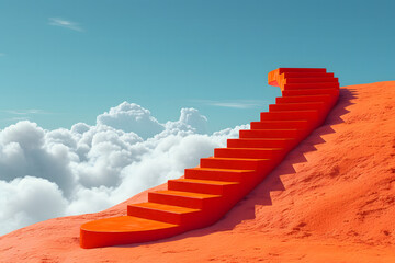a surreal landscape featuring bright orange stairs ascending a red hill, leading above the clouds into the blue sky. Ideal for concepts of journey, success, and dreams