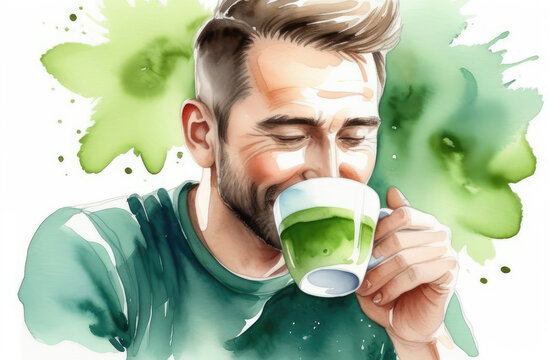 bearded man drinking traditional Japanese green matcha tea from cup, watercolor illustration.