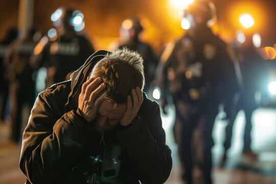 Tired Suspect With Head In Hands, Officers In Background