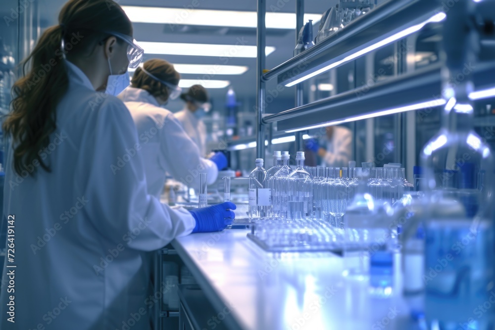 Aufkleber a group of people working in a lab, conducting experiments. suitable for scientific research, labora