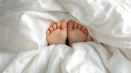 Little boy's feet peeking out from under the covers