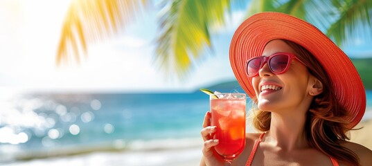 Tropical beach paradise  gorgeous woman sipping margarita in the summer sun with copy space