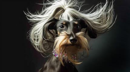 Naklejka premium A dog with long hair blowing in the wind in style of fashion editorial. Dog coat on dark background. Grooming