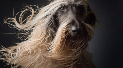 Naklejka premium A dog with long hair blowing in the wind in style of fashion editorial. Dog coat on dark background. Grooming