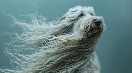 A dog with long hair blowing in the wind in style of fashion editorial. Dog coat on blue background. Grooming