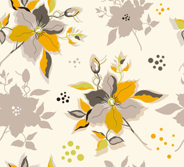 Vector seamless floral pattern. Beige yellow flowers and leaves on a milky background. Design for printing on fabric, paper, wallpaper, wrapping paper.