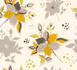  Vector seamless floral pattern. Beige yellow flowers and leaves on a milky background. Design for printing on fabric, paper, wallpaper, wrapping paper. © Maryna