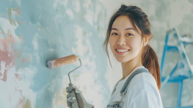 A woman is using a paint roller to paint a wall. This image can be used for home improvement or DIY projects