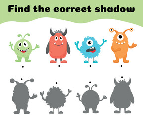 Obraz premium Find correct shadow of monsters. Educational game for children. Shadow matching game. Mindfulness activity for kids: aliens and silhouettes.Vector illustration.