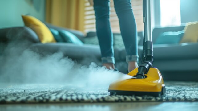 A person is using a steam mop to clean a carpet. This image can be used to showcase the efficiency and convenience of steam mops for household cleaning