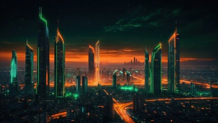 Sci-fi City Skyline with Orange and Green Neon lights. Night scene with Futuristic Skyscrapers. generative, ai.