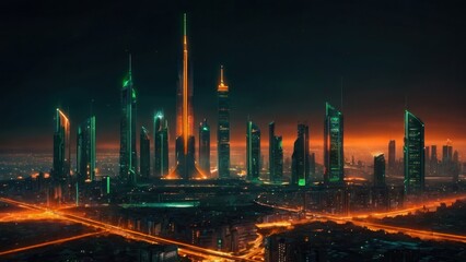 Fototapeta na wymiar Sci-fi City Skyline with Orange and Green Neon lights. Night scene with Futuristic Skyscrapers. generative, ai.