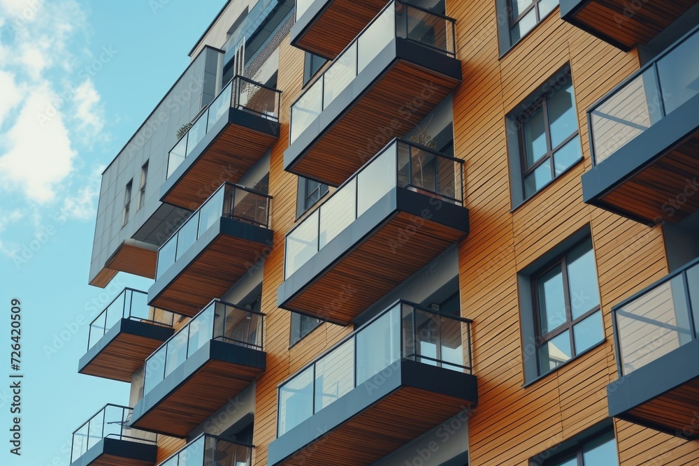 Poster a picture of a tall building with multiple balconies. suitable for architectural designs and urban l