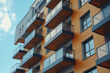 A picture of a tall building with multiple balconies. Suitable for architectural designs and urban landscapes