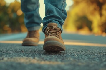 A close up view of a person walking on a road. Suitable for various applications