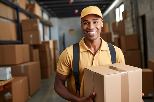Smiling postal worker holding a cardboard box, ready for efficient and friendly delivery service. Representing reliability and care in shipping