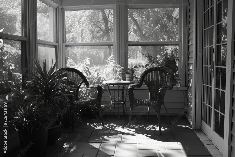 Poster A simple black and white photo featuring two chairs and a table. Suitable for various design projects and interior concepts