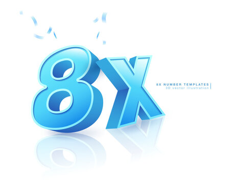 Blue number 8x template. Isolated on white background. 3D vector illustration.