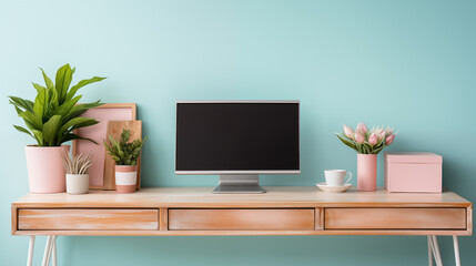 Desktop computer on wooden table, coffee cup, flowers. Isolated pastel blue wall background. Modern living room interior, concept of home office, remote work, freelance lifestyle.