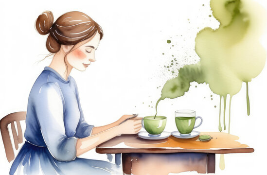 young Caucasian girl drinking traditional Japanese matcha tea at table, watercolor illustration.