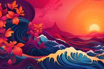 Abstract background for asian american and pacific islander heritage month in tropical and asian colors and waves