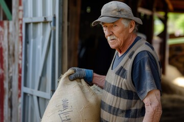 senior with gloves carrying a feed sack near coup