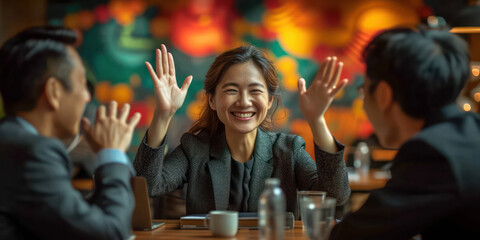 Businesswoman asian giving a high five to male colleague in meeting. Business professionals high...