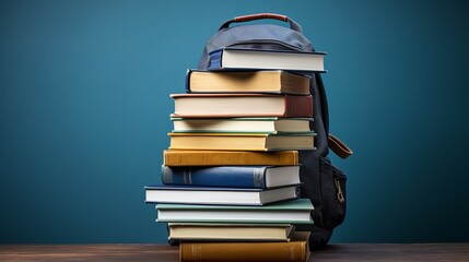 Fototapeta premium School backpack with books on blue background. Back to school concept. Learning supplies for students.