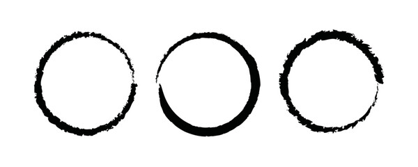 Grunge ink brush round border style vector illustration isolated on clear background. Set black paint brush stroke circles.