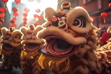 a lively Chinese New Year parade with traditional dragon and lion dancers bringing good luck to the...