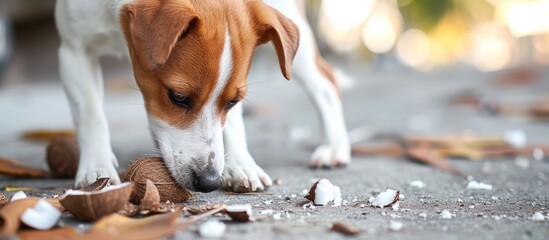 Jack Russell dog eating coconut on concrete with shallow depth of field in horizontal photo. - Powered by Adobe