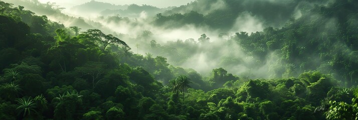 Panoramic aerial view of a jungle landscape at sunrise. - obrazy, fototapety, plakaty