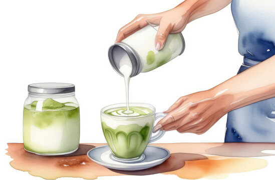woman's hands pouring milk into tradihional Japanese green matcha tea, watercolor illustration.